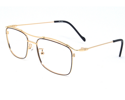 Branded stylish rectangular metal frame in golden color.