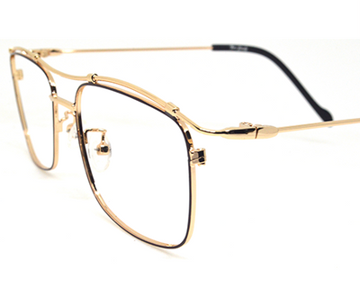 Branded stylish rectangular metal frame in golden color.