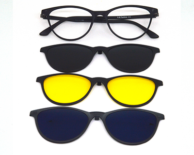 Stylish non breakable TR CATEYE frame with three attachments (Blue, Black & yellow) for Women.  The attachments are UV protection lens. Yellow shade can be used for night driving.